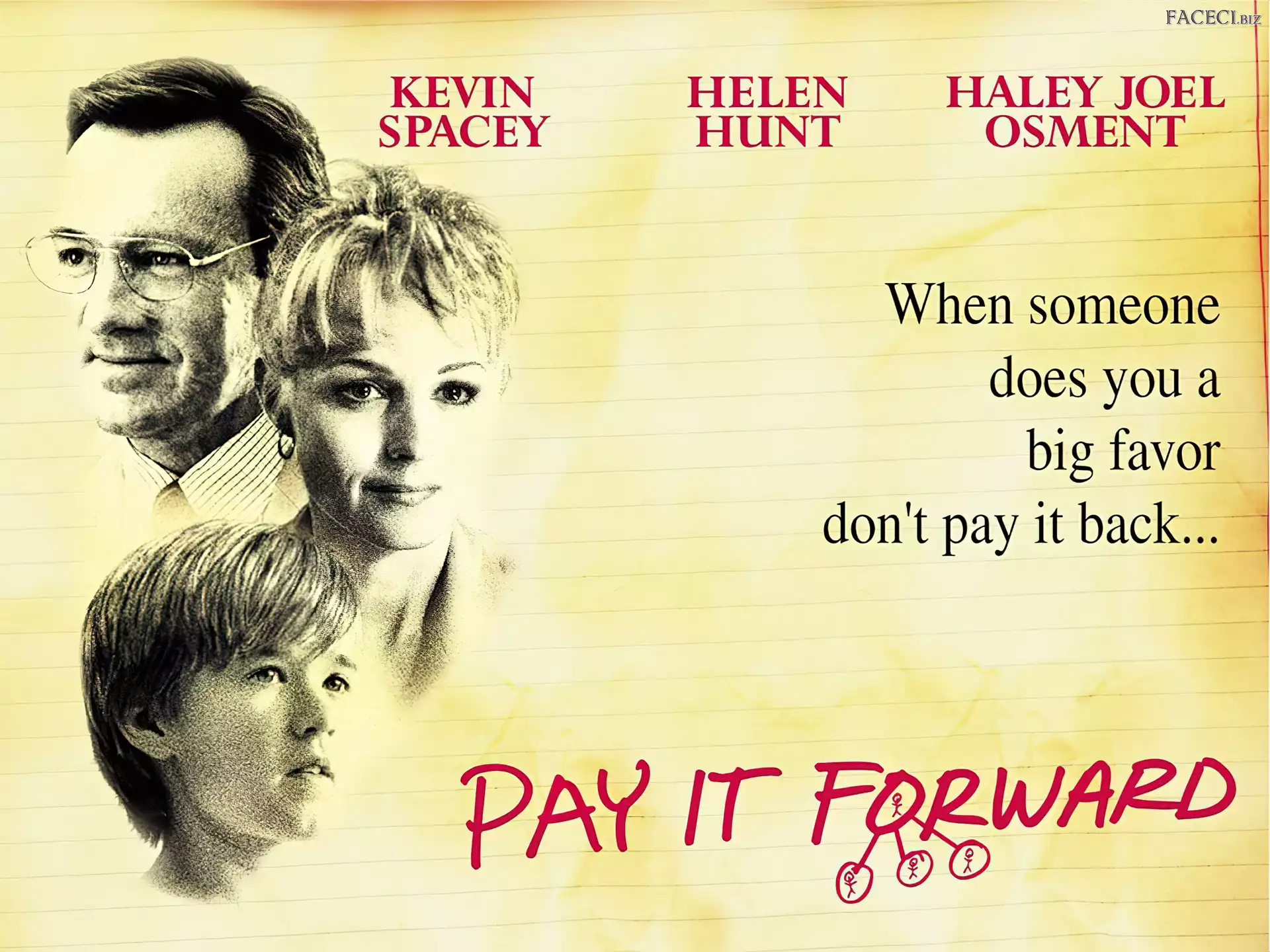 Helen Hunt, Haley Joel Osment, kartka, Pay It Forward, Kevin Spacey
